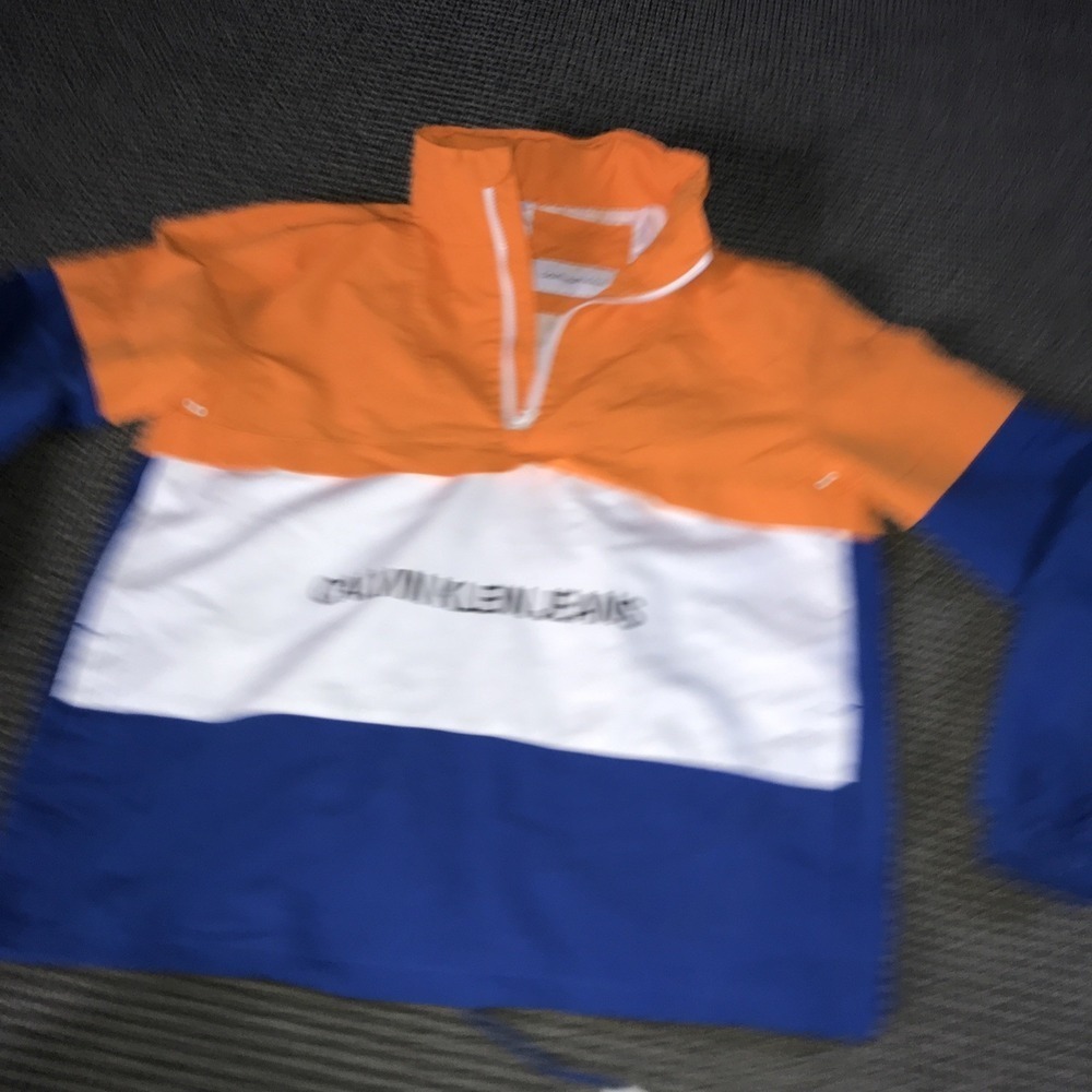 Calvin Klein Tri-Color Pullover Windbreaker XL Packable Hood Orange/White/Blue